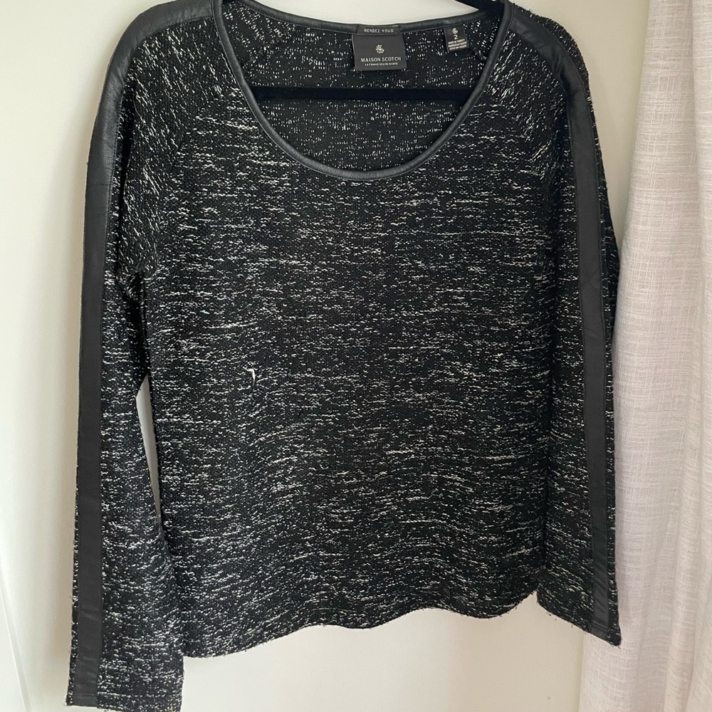 Maison Scotch black and white sweater with leather accent